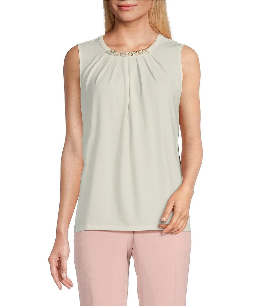 Kasper Knit Jewel Pleat Round Neck Sleeveless Top