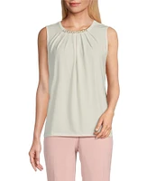 Kasper Knit Jewel Pleat Round Neck Sleeveless Top