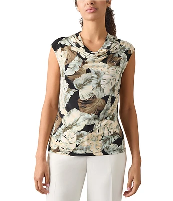 Kasper Leaf Print Ity Cowl Neck Cap Sleeve Top