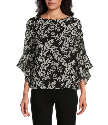 Kasper Leaf Printed Chiffon Crew Neck 3/4 Ruffle Sleeve Blouse