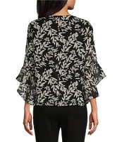 Kasper Leaf Printed Chiffon Crew Neck 3/4 Ruffle Sleeve Blouse