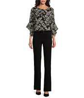 Kasper Leaf Printed Chiffon Crew Neck 3/4 Ruffle Sleeve Blouse