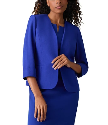 Kasper Long Cuffed Sleeve Collarless Neck Stretch Crepe Cardigan