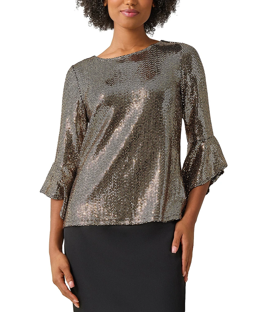 Kasper Metallic Shine Dot Crew Neck 3/4 Ruffle Sleeve Blouse