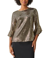 Kasper Metallic Shine Dot Crew Neck 3/4 Ruffle Sleeve Blouse