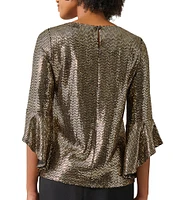 Kasper Metallic Shine Dot Crew Neck 3/4 Ruffle Sleeve Blouse