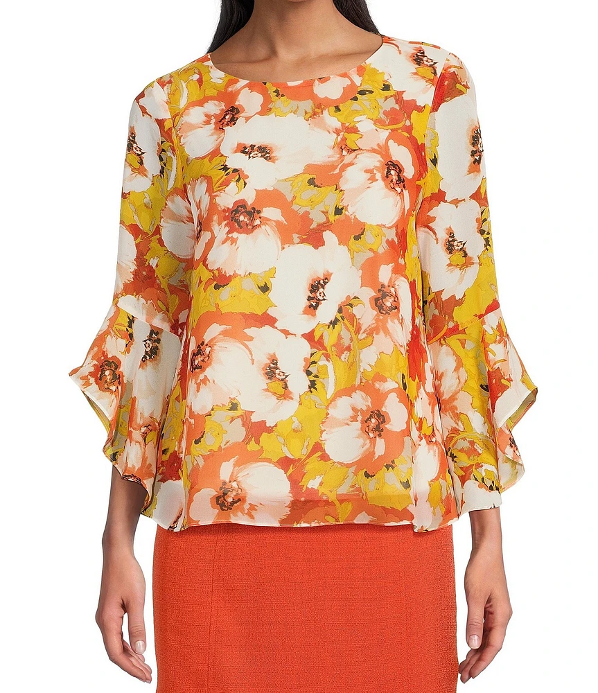 Kasper Petite Floral Printed Crew Neckline Ruffle 3/4 Sleeve Blouse