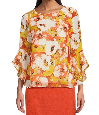 Kasper Petite Floral Printed Crew Neckline Ruffle 3/4 Sleeve Blouse