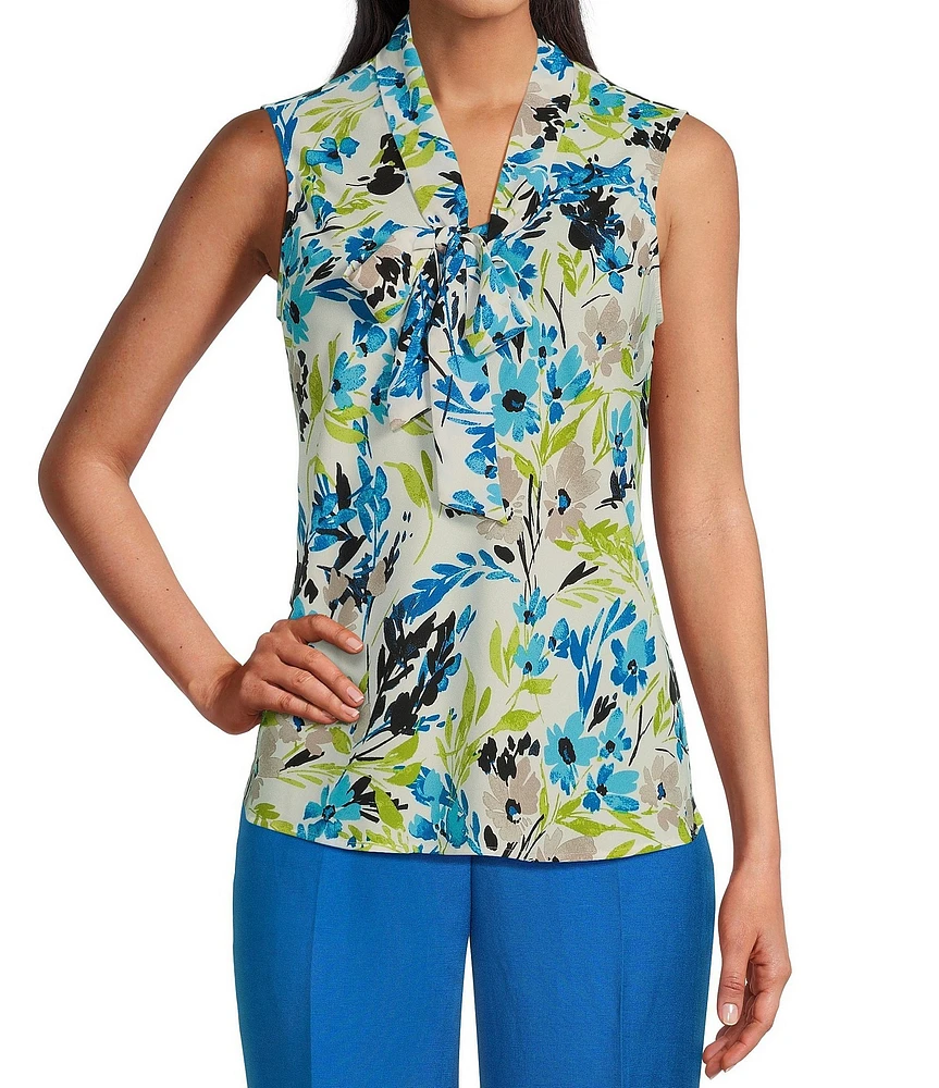 Kasper Petite Printed Tie Front Sleeveless Blouse