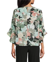 Kasper Petite Size Boat Neck 3/4 Ruffle Sleeve Clip Dot Chiffon Blouse