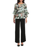 Kasper Petite Size Boat Neck 3/4 Ruffle Sleeve Clip Dot Chiffon Blouse