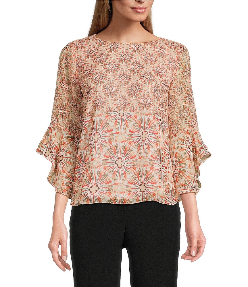 Kasper Petite Size Chiffon Boat Neck Ruffle 3/4 Sleeve Blouse