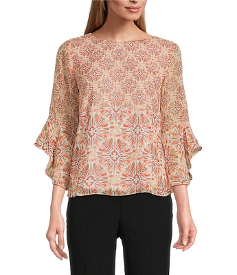 Kasper Petite Size Chiffon Boat Neck Ruffle 3/4 Sleeve Blouse