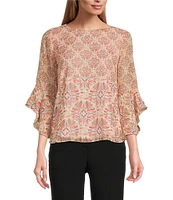 Kasper Petite Size Chiffon Boat Neck Ruffle 3/4 Sleeve Blouse