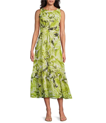 Kasper Petite Size Chiffon Sleeveless Boat Neck Tropical Tiered Dress