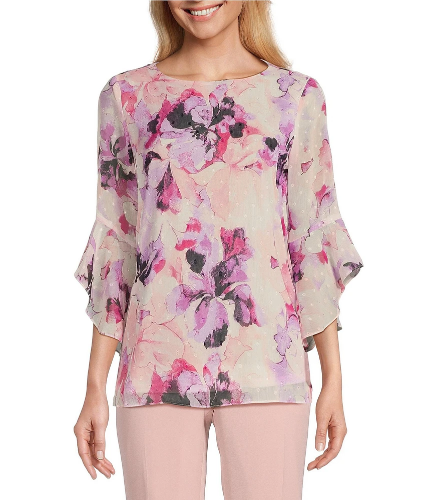 Kasper Petite Size Clip Dot Chiffon 3/4 Ruffle Sleeve Blouse