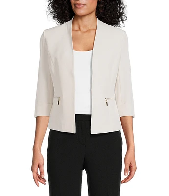 Kasper Petite Size Crepe 3/4 Sleeve Zip Pocket Cardigan