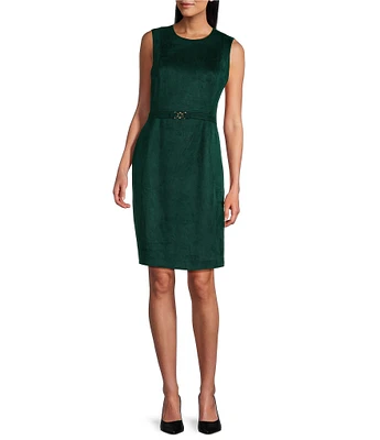 Kasper Petite Size Faux Suede Crew Neck Sleeveless Belted Sheath Dress