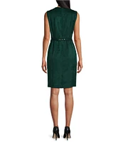 Kasper Petite Size Faux Suede Crew Neck Sleeveless Belted Sheath Dress