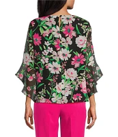 Kasper Petite Size Floral Chiffon Crew Neck 3/4 Ruffle Sleeve Blouse
