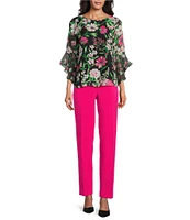 Kasper Petite Size Floral Chiffon Crew Neck 3/4 Ruffle Sleeve Blouse