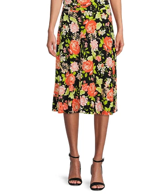 Kasper Petite Size Floral Print Elastic Waist A-Line Flutter Hem Coordinating Midi Skirt