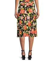 Kasper Petite Size Floral Print Elastic Waist A-Line Flutter Hem Coordinating Midi Skirt