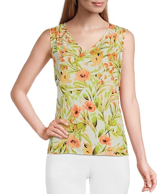 Kasper Petite Size Floral Print Sleeveless Pleated Shoulder V-Neck Top