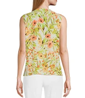 Kasper Petite Size Floral Print Sleeveless Pleated Shoulder V-Neck Top