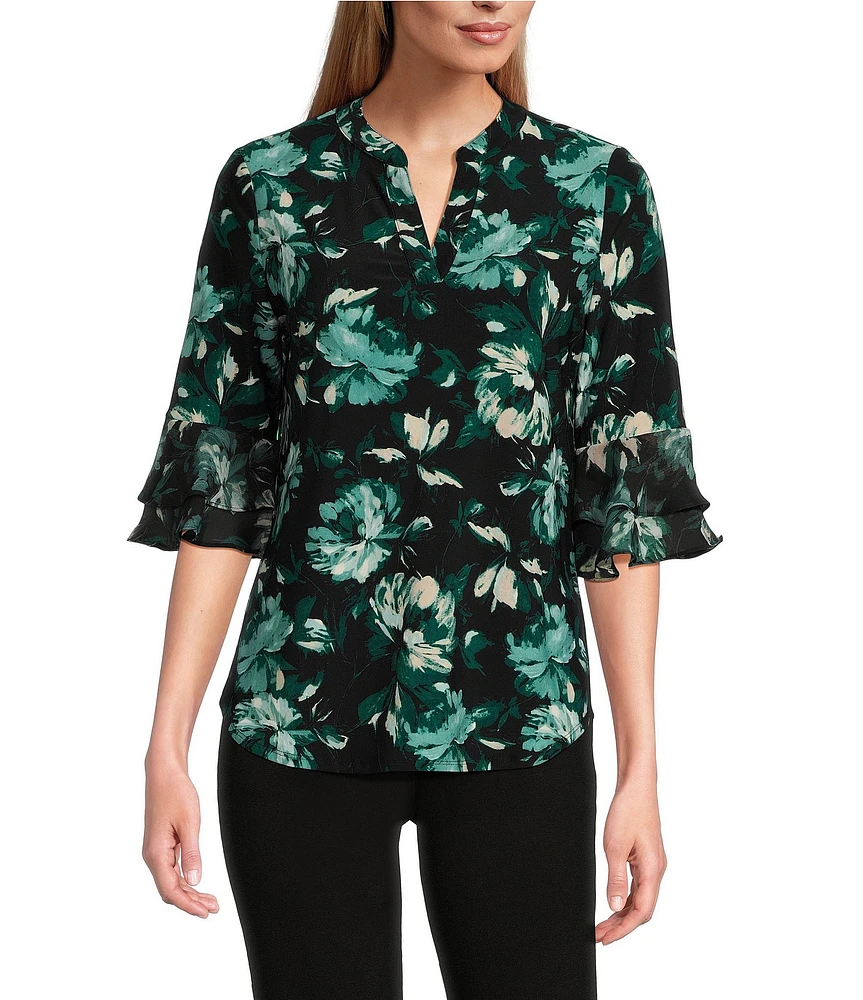 Kasper Petite Size Floral Print Split V-Neck 3/4 Flutter Sleeve Tunic