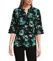 Kasper Petite Size Floral Print Split V-Neck 3/4 Flutter Sleeve Tunic