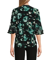 Kasper Petite Size Floral Print Split V-Neck 3/4 Flutter Sleeve Tunic