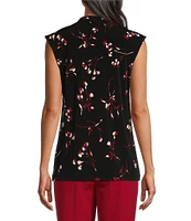 Kasper Petite Size Floral Printed Cap Sleeve Keyhole Button Neck Top