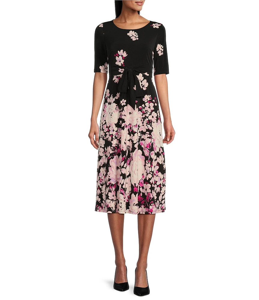 Kasper Petite Size Floral Short Sleeve Tie Waist Fit & Flare Dress