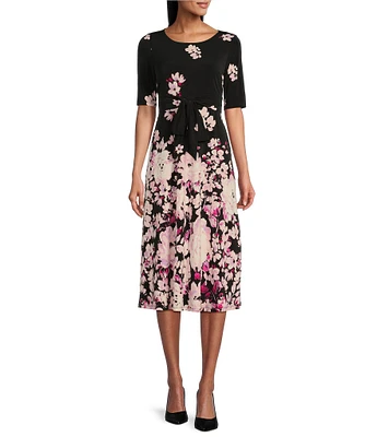 Kasper Petite Size Floral Short Sleeve Tie Waist Fit & Flare Dress