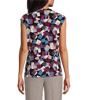 Kasper Petite Size Geometric Print Cowl Neck Cap Sleeve Fitted Knit Top