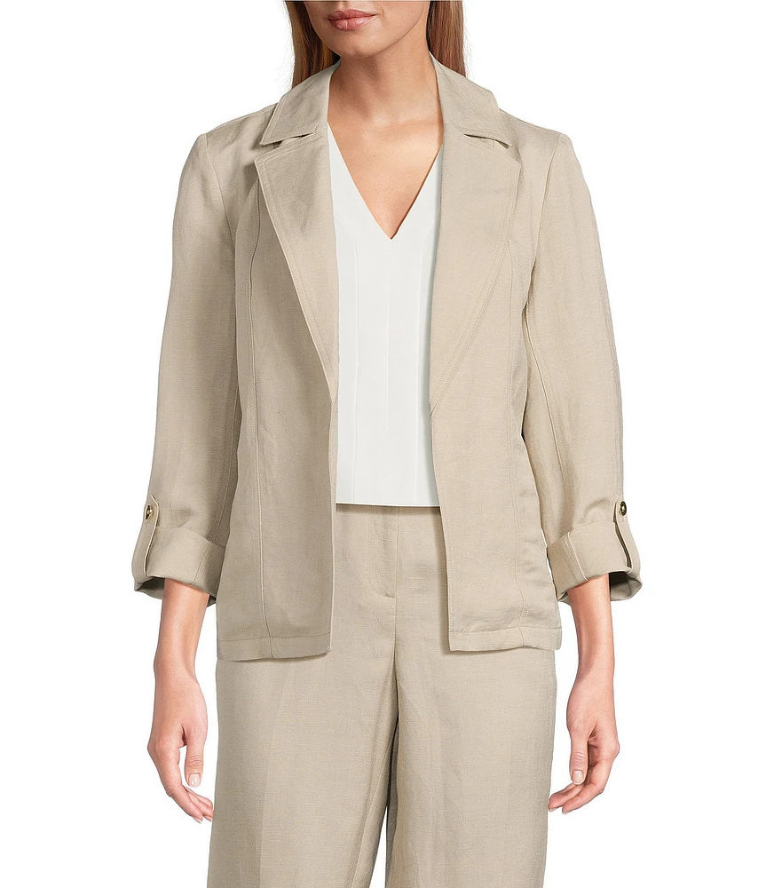 Kasper Petite Size Linen Blend Notch Collar 3/4 Sleeve Open Seam Jacket