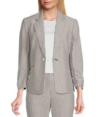 Kasper Petite Size Notch Lapel 3/4 Ruched Sleeve Stripe Print Blazer