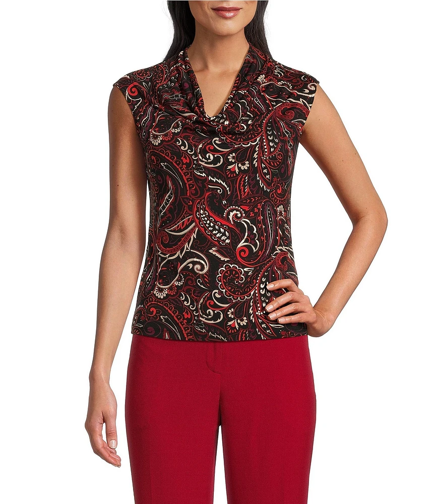 Kasper Petite Size Paisley Printed Cowl Neck Cap Sleeve Top