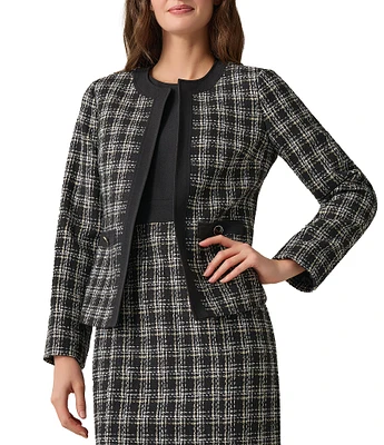 Kasper Petite Size Plaid Tweed Round Neck Long Sleeve Two Pocket Open Front Jacket