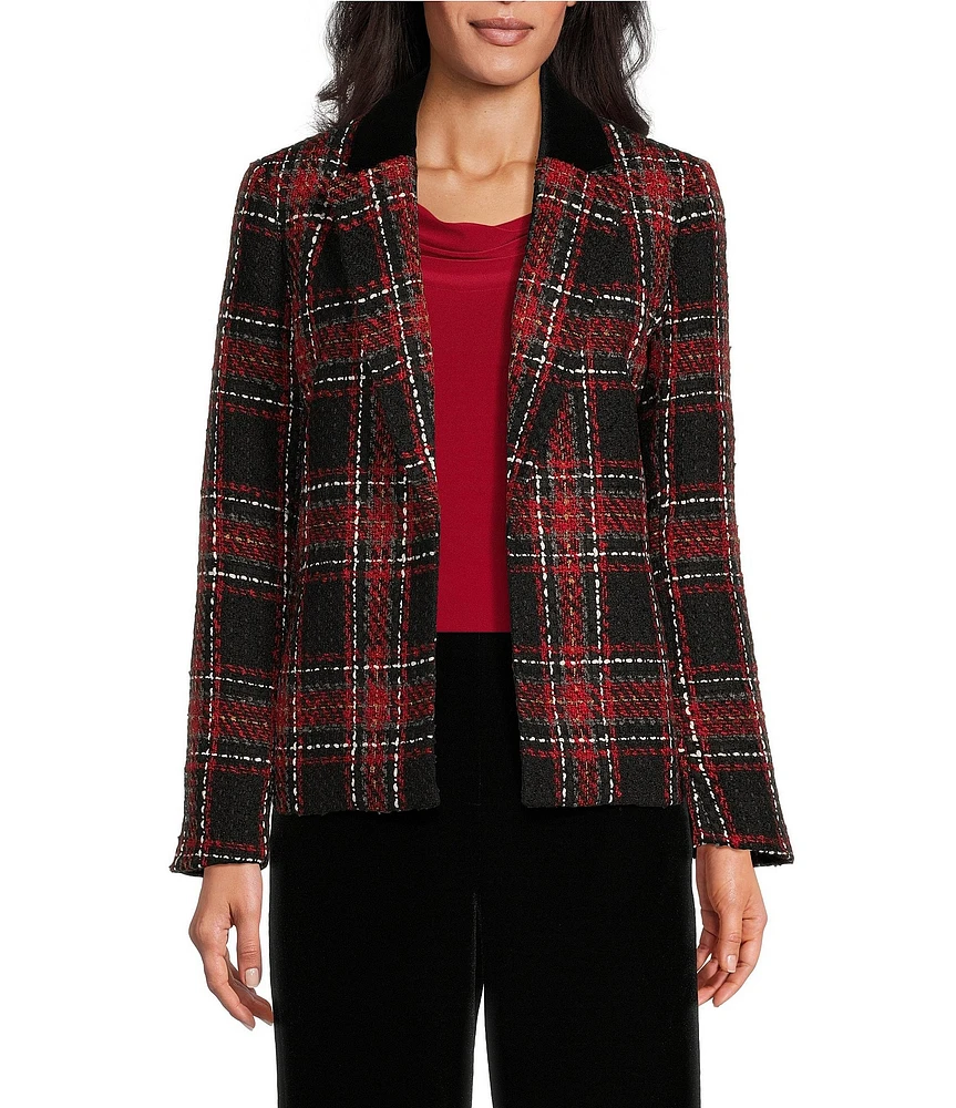 Kasper Petite Size Plaid Tweed Velvet Notch Lapel Open-Front Jacket