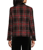 Kasper Petite Size Plaid Tweed Velvet Notch Lapel Open-Front Jacket