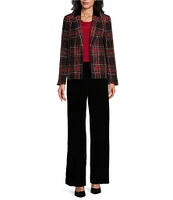 Kasper Petite Size Plaid Tweed Velvet Notch Lapel Open-Front Jacket