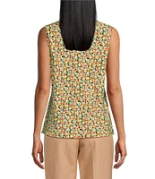 Kasper Petite Size Abstract Print CDC Tie Neck Sleeveless Fitted Blouse