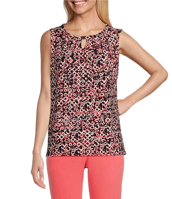 Kasper Petite Size Printed Hardware Detail Keyhole Neck Sleeveless Pleated Blouse