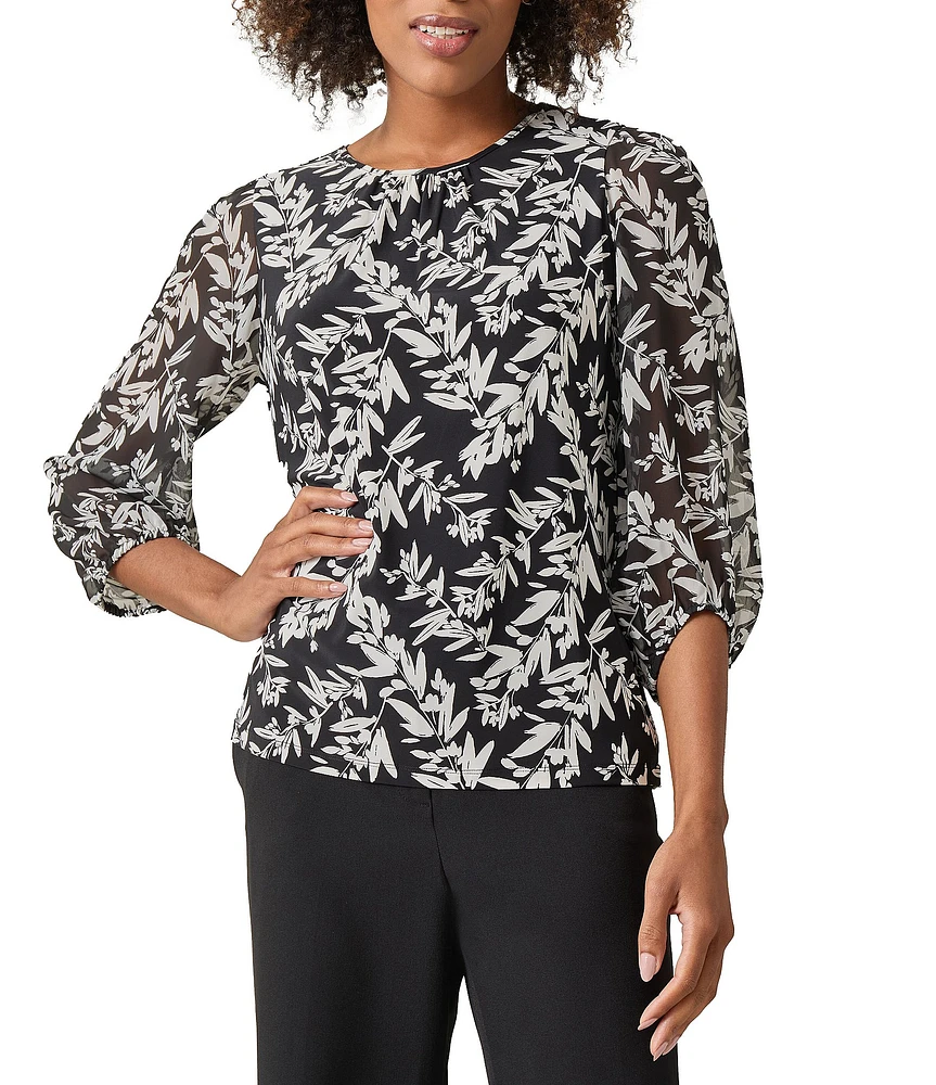 Kasper Petite Size Printed Shirred Crew Neck Blouson 3/4 Sleeve Blouse