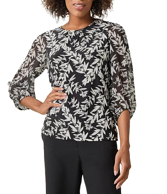 Kasper Petite Size Printed Shirred Crew Neck Blouson 3/4 Sleeve Blouse