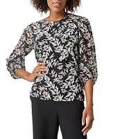 Kasper Petite Size Printed Shirred Crew Neck Blouson 3/4 Sleeve Blouse