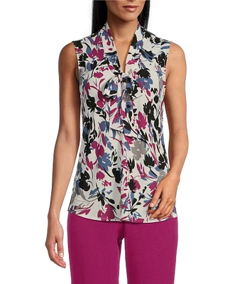 Kasper Petite Size Printed V-Neck Sleeveless Tie Front Blouse