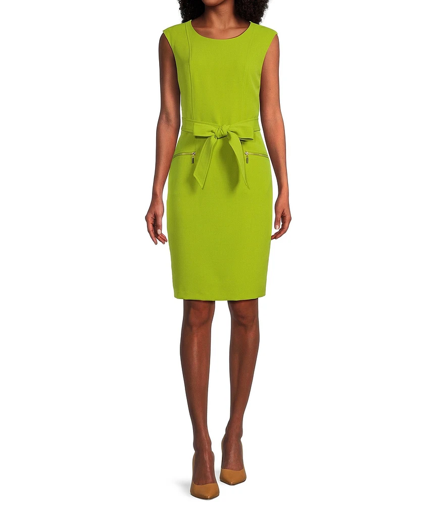 Kasper Petite Size Stretch Crepe Sleeveless Belted Zipper Pocket Sheath Dress